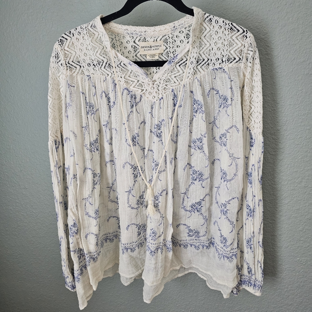 Denim & Supply Ralph Lauren 100% Cotton Sheer Lace Floral Blouse Size Small